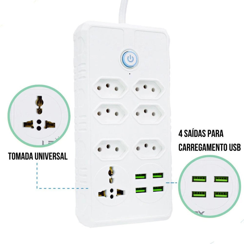 Régua Filtro de Linha com 7 Tomadas Extensão Elétrica 1 Universal 4 USB Bivolt 10A 110v/220v Cabo de 2 Metros Seguro e confiável
